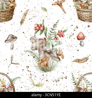Nahtloses Aquarellmuster mit Pilzen im Korb, Preiselbeeren und Waldpflanzen. Illustration des Hintergrunds mit Boletus, Pfifferlingen, Krötenhockern und Waldblättern für Stoff oder Geschenkpapier. Stockfoto