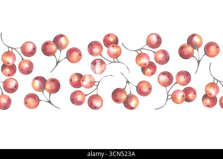 Nahtloses Banner mit roten Beeren. Handgemalte Aquarellabbildung isoliert auf weiß zum Drucken auf Textilien, Tapeten, Verpackungen, Karten Stockfoto