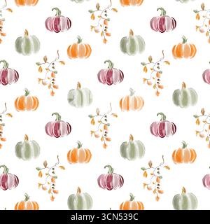 Niedliches, einfaches, nahtloses Kürbismuster im Herbst in Aquarellfarben. Blätter, Ernte, Halloween, Thanksgiving, Geschenkpapier, Textil, digitale Tapete. Stockfoto