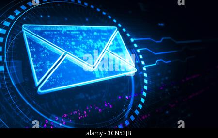 Umschlag-E-Mail und E-Mail-Nachricht Symbol digitales Konzept. Netzwerk, Cybertechnologie und Computerhintergrund abstrakte 3D-Illustration. Stockfoto