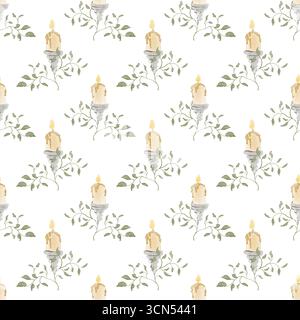 Handgezeichnetes nahtloses Muster mit Kerzen, Flammen und Blättern. Aquarellabbildung für Geschenkpapier, Stoff, Textil oder Hintergrunddesign. Stockfoto