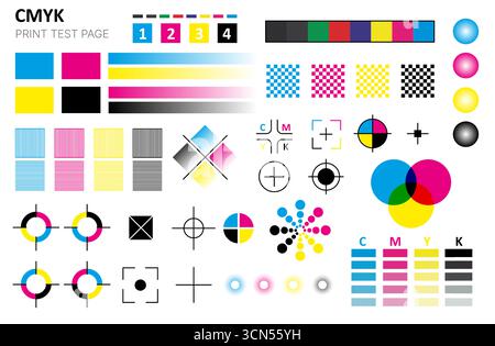 CMYK-Farbdruck. Kalibrierungs- und Kontrollmarkierungen für Cyan Magenta Gelb Schwarz, Farbmuster-Halbtonstreifen. Vektordruck-Testtabellen Stock Vektor