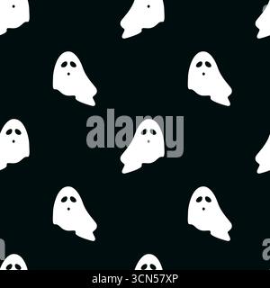 Nahtloses Vektormuster mit fliegenden weißen Geistern auf dem dunklen Hintergrund. Leicht veränderbare Farbe von Muster und Hintergrund. Stock Vektor