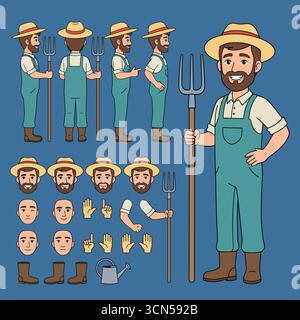 Landwirt oder Gärtner tragen ein einheitliches Arbeitsgerät. Stock Vektor