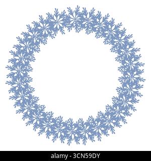 Elegantes, kreisförmiges Vektor-Rahmendesign mit einem zarten Arrangement aus stilisierten Schneeflocken in gedämpftem Blauton, perfekt für Winterprojekte. Stock Vektor