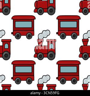Nahtloses Vektormuster eines bezaubernden Weihnachtsrotes Spielzeugzug mit Rauchstöpseln, perfekt für festliche Hintergründe und Kinderillustrationen. Stock Vektor
