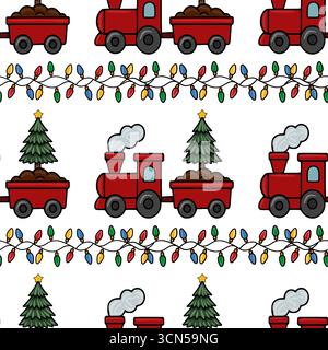 Nahtloses Vektormuster mit einem skurrilen Weihnachtszug mit Weihnachtsbäumen, durchsetzt mit festlichen Lichtern, die ein bezauberndes A schaffen Stock Vektor