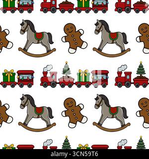 Nahtloses Vektormuster mit einem bezaubernden Weihnachtszug, Schaukelpferden und Lebkuchenmännern, die ein festliches und verspieltes Weihnachtsdesign schaffen. Stock Vektor