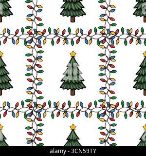 Nahtloses Vektor-Weihnachtsmuster mit stilisierten Weihnachtsbäumen und bunten Lichterketten, die ein fröhliches und festliches Design schaffen, ideal für Wint Stock Vektor