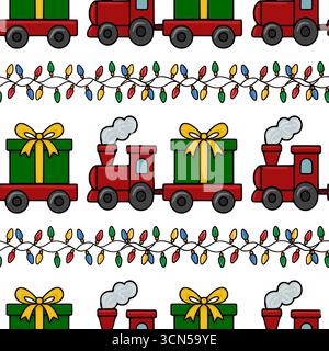 Nahtloses Vektormuster mit einem bezaubernden Weihnachtszug, der Geschenkboxen trägt und mit bunten Lichtern verziert ist, perfekt für festliche Designs. Stock Vektor