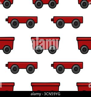 Nahtloses Vektormuster mit einem sich wiederholenden Design von stilisierten roten Spielzeugzugwagen auf weißem Hintergrund, perfekt für festliche oder Kinder Stock Vektor