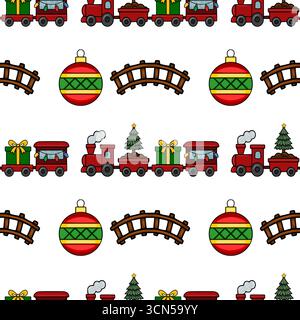 Nahtloses Vektor-Weihnachtsmuster mit einem bezaubernden Spielzeugzug, der Geschenke und einen Weihnachtsbaum trägt, durchsetzt mit festlichen Ornamenten und einer Eisenbahnlinie Stock Vektor