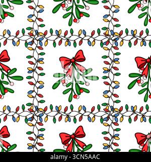 Nahtloses Vektormuster mit Mistelzweigen, die mit roten Schleifen und leuchtenden bunten Weihnachtslichtern verziert sind, schaffen ein fröhliches Weihnachtsdesign Stock Vektor