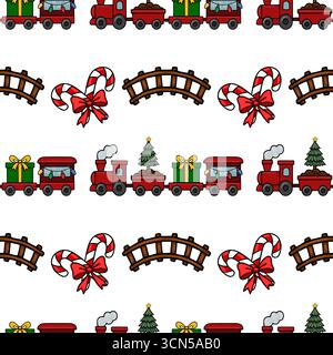 Nahtloses Vektormuster mit einem bezaubernden Weihnachtszug, der Geschenke und einen Weihnachtsbaum trägt, durchsetzt mit Zuckerstangen und einer Eisenbahnbrücke, Stock Vektor