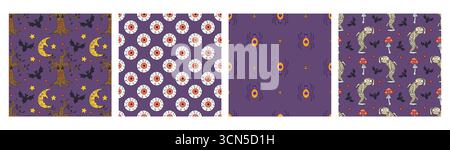 Set aus 4 nahtlosen Mustern mit niedlichen handgezeichneten Halloween-Motiven Stock Vektor