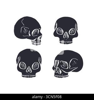 Handgezeichnete schwarze Silhouetten menschlicher Schädel Stock Vektor