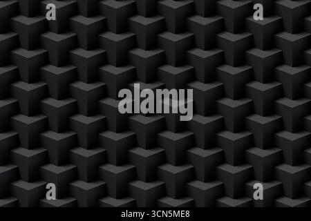Schwarze Würfel stapeln sich aufeinander und bilden ein abgestuftes geometrisches Muster. Illustration als dunkler Hintergrund für Webdesign und Diashow-Präsentation Stockfoto
