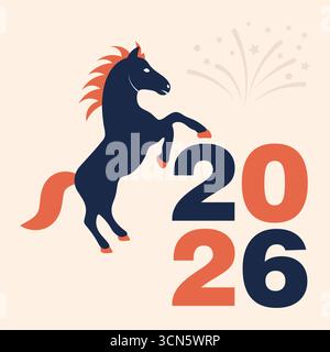 2026 Jahre des Pferdes. Ein aufziehendes Pferd, das Energie, Stärke und Feier für das Jahr 2026 symbolisiert. Perfekt für Neujahrsgrüße, Kalender. Stock Vektor