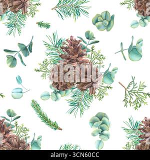 Nahtloses Muster für Weihnachten. Handgezeichnete Tannenzapfen, Thuja, Fichtenzweige und Eukalyptus. Aquarellabbildung auf weißem Hintergrund. Stockfoto