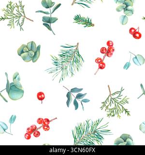 Nahtloses Aquarellmuster mit roten Beeren von Ilex, Fichtenzweigen, Eukalyptus und Thuja. Handgezeichnete Illustration auf weißem Hintergrund für Design Stockfoto