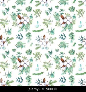Nahtloses Aquarellmuster mit Baumwoll-Blumenballen, Fichtenzweigen, Eukalyptuszweigen und Thuja. Handgezeichnete Illustration auf weißem Hintergrund. Stockfoto