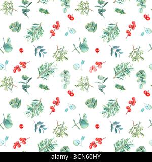 Nahtloses Aquarellmuster mit roten Beeren von Ilex, Fichtenzweigen, Eukalyptus und Thuja. Handgezeichnete Illustration auf weißem Hintergrund für Design Stockfoto