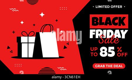 Auffälliges und modernes Black Friday-Werbebanner mit auffälligen Rot- und Schwarztönen, Shopping-Ikonen und dynamischen abstrakten Elementen, ideal für digitale Anzeigen. Stock Vektor
