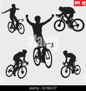 Symbol für Radfahrer-Vektor. Sammlung von Silhouetten von Menschen, die in verschiedenen Positionen Fahrrad, Fahrrad, Radfahrer, Fahrt, Vektor, Fahrrad, Mann, Junge, Berg Stock Vektor