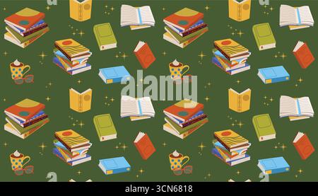 Flacher, nahtloser Hintergrund mit Büchern, Stapeln, Kakaobecher und Lesebrillen. Niedliches Clipart für Studium, Bildung, akademische Bibliothek, Schulthema Stock Vektor