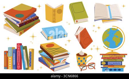 Flaches Cartoon-Set mit Buchstapel, Globus, Leseglas und Kakaobecher. Niedliches handgezeichnetes Clipart für Studium, Schule, Bildung, Wissen, Akademiker Stock Vektor