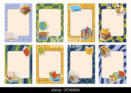 Cartoon flache Karten mit groovigem Notizblock und Aufklebern mit Büchern, Stapeln, Globus, Lesebrillen und Kakaobecher. Niedliches Clipart zum Studieren, educ Stock Vektor