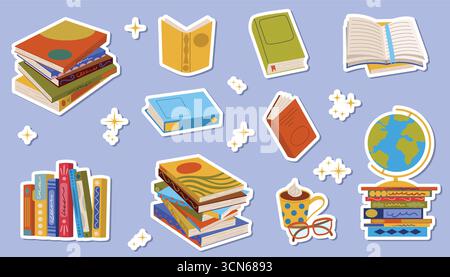 Plakate-Set mit Aufklebern im Zeichentrickstil mit Kompositionen aus Buchstapel, Globus, Leseglas, Sternen und Kakaobecher. Niedliches handgezeichnetes Clipart zum Studium, scho Stock Vektor