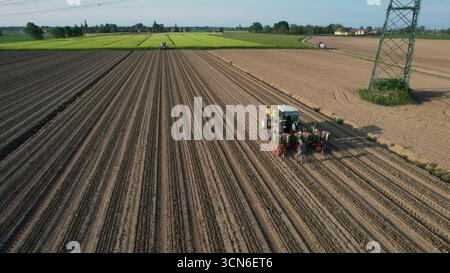 Piacenza, Italien - 23. April 2023 Luftaufnahme eines landwirtschaftlichen Traktors Kippen eines großen Feldes mit Reihen von gesätem Boden unter einem blauen Himmel mit entferntem Bir Stockfoto