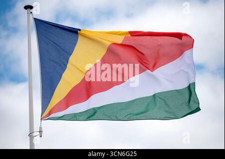Flagge der Seychellen flattert im Wind mit blauem Himmel und Wolkenhintergrund. Symbol, Land, Nation, national, Banner, winken, Patriotismus, Welle, Stockfoto