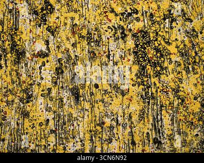 Abstrakte, strukturierte Kunst in Gold und Schwarz – Eine detailreiche Vollformataufnahme eines abstrakten Kunstwerks mit einer reichhaltigen Textur und einer lebendigen Mischung aus Schwarz und Yello Stockfoto