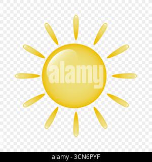 Ein Symbol einer großen Karikatursonne mit dünnen Strahlen und Highlights auf einem transparenten Hintergrund. Stock Vektor