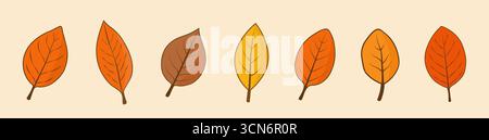 Ein Satz von sieben Herbstblättern unterschiedlicher Formen auf beigefarbenem Hintergrund. Stock Vektor