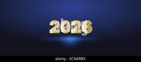 Minimalistischer Silvester-Hintergrund mit goldenem Schriftzug 2026 auf dunkelblauem Hintergrund. Stock Vektor