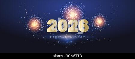 Festlicher Hintergrund mit Neujahrsinschrift mit Goldnummern 2026 und Feuerwerk auf blauem Hintergrund. Stock Vektor