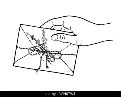 Vektor Hand hält geschlossenen Briefumschlag gebunden mit Jute und versiegelt, Heidekraut Zweiglinie Art Umrisszeichnung. Abbildung der Meldung in Schwarzweißvorlage Stock Vektor