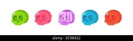 Set of cartoon candy skulls. Human skull half turned icons in different colors. Vector illustration Stock Vektor