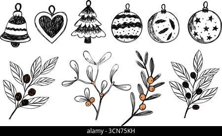 Doodle Sketch Retro Weihnachten Blumen Set Vektor Mit Ornament Ball, Mistel, Baum, Glocke Und Hand Gezeichnete Blätter Stock Vektor