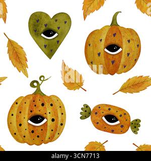 Halloween-Muster mit Aquarell. Kürbisse, grüne Herzen mit Augen, gelbe Blätter auf weißem Hintergrund. Perfekt für Halloween-Designs, Herbstprojekte, weiß Stockfoto