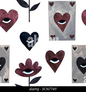 Aquarellfarben-Gothic-Karten nahtloses Muster. Spielkarten, Blumen, Herzen mit Augen in Burgundergrau auf weiß. Perfekt für den alternativen Valentinstag Stockfoto