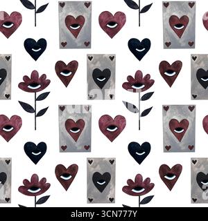 Aquarellfarben-Gothic-Karten nahtloses Muster. Spielkarten, Blumen, Herzen mit Augen in Burgundergrau auf weiß. Perfekt für den alternativen Valentinstag Stockfoto