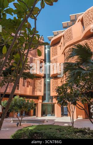 Vereinigte Arabische Emirate - Abu Dhabi - Masdar City - begrünter Innenhof, der von Palmen und honigfarbenen Wänden eingerahmt ist, ein ruhiges Mikroklima, das aus Schatten und Brise entsteht Stockfoto