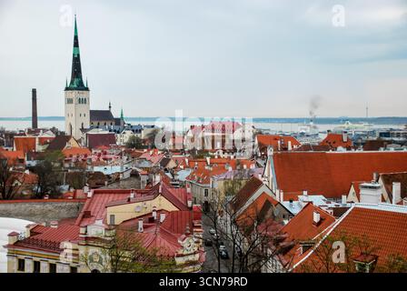 Tallinn, Estland - 10. Mai 2013 - malerischer Blick auf tallinns historische Altstadt mit roten Dächern und St. olaf-Kirche. Stockfoto