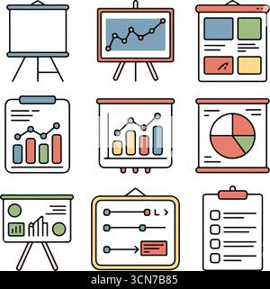 Symbolsatz für Unternehmenspräsentationen mit Diagrammen, Diagrammen und Infografiken Stock Vektor