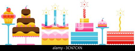 Vektorsatz Geburtstagskuchen Illustration auf weißem Hintergrund. Farbenfrohe und festliche Designelemente für Partyeinladungen, Grußkarten, Dessertmenüs, Stock Vektor