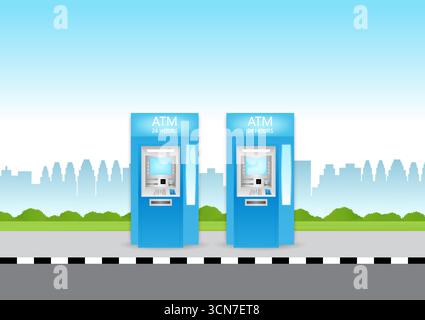Geldautomat – Geldautomat. Geldautomat in der Nähe der Straße in der Stadt. Vektorabbildung. Stock Vektor